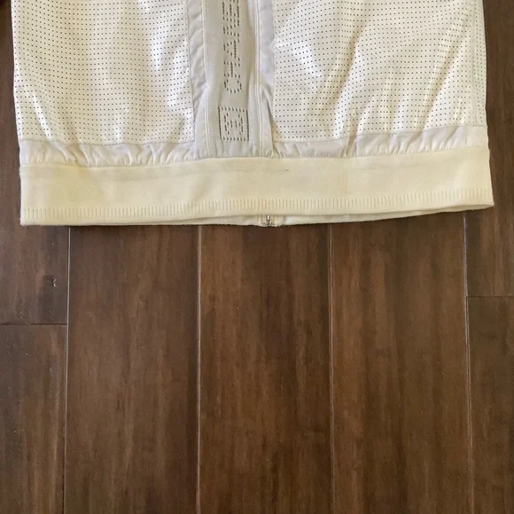 Chanel White Size 8-10 Perforated Leather Bomber Jacket Branded Back Stripe